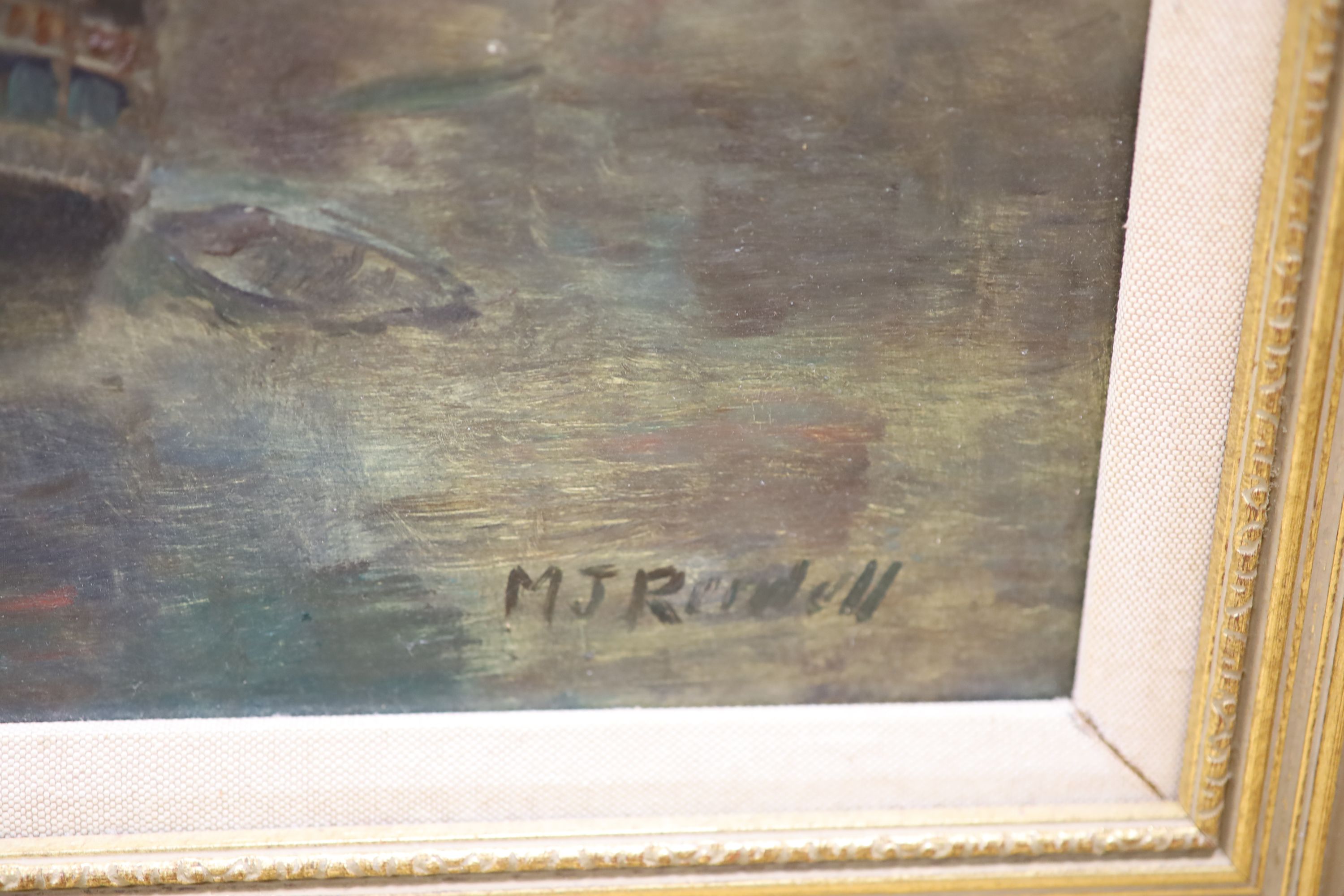 M.J. Rendell, two oils on board, Sunset over Greenwich and Naval action, signed, both 46 x 72cm, frames differ